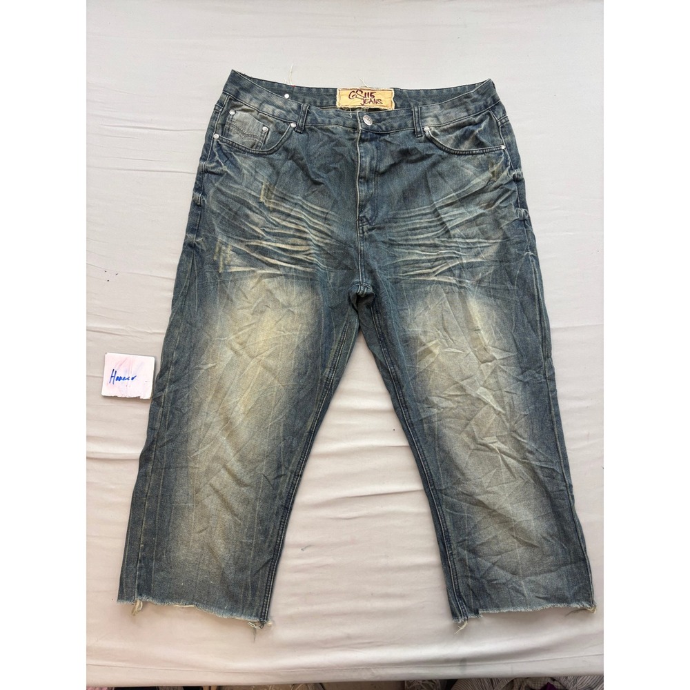 GS115 Jeans Mens Blue Sandblasted Distressed Raw Hem Denim Shorts Size 40 Y2K